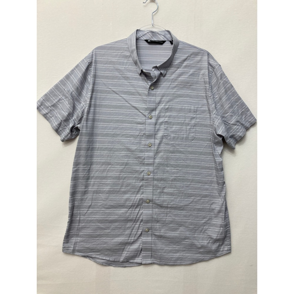 Travis Mathew Button Down Size Large Grey White Striped Golf Performance Casual